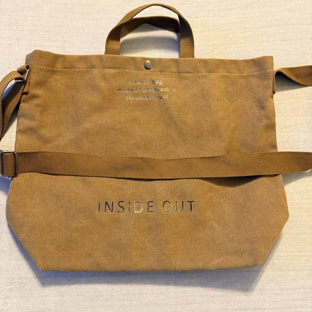 Inside Out Brown Canvas Messenger Tote Bag 100% Cotton Shoulder Crossbody 18"